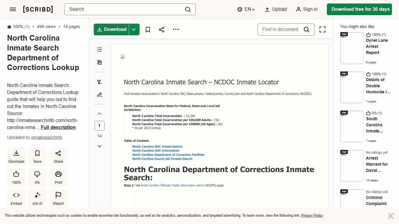 North Carolina Inmate Search Department of Corrections Lookup PDF North Carolina National Security